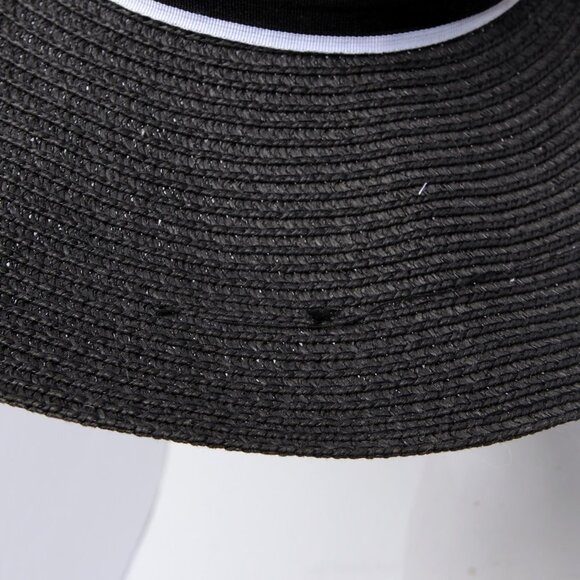 Large Brim Black White Summer Hat Ribbon Classic Faux Straw Wedding Party Event - Picture 8 of 10